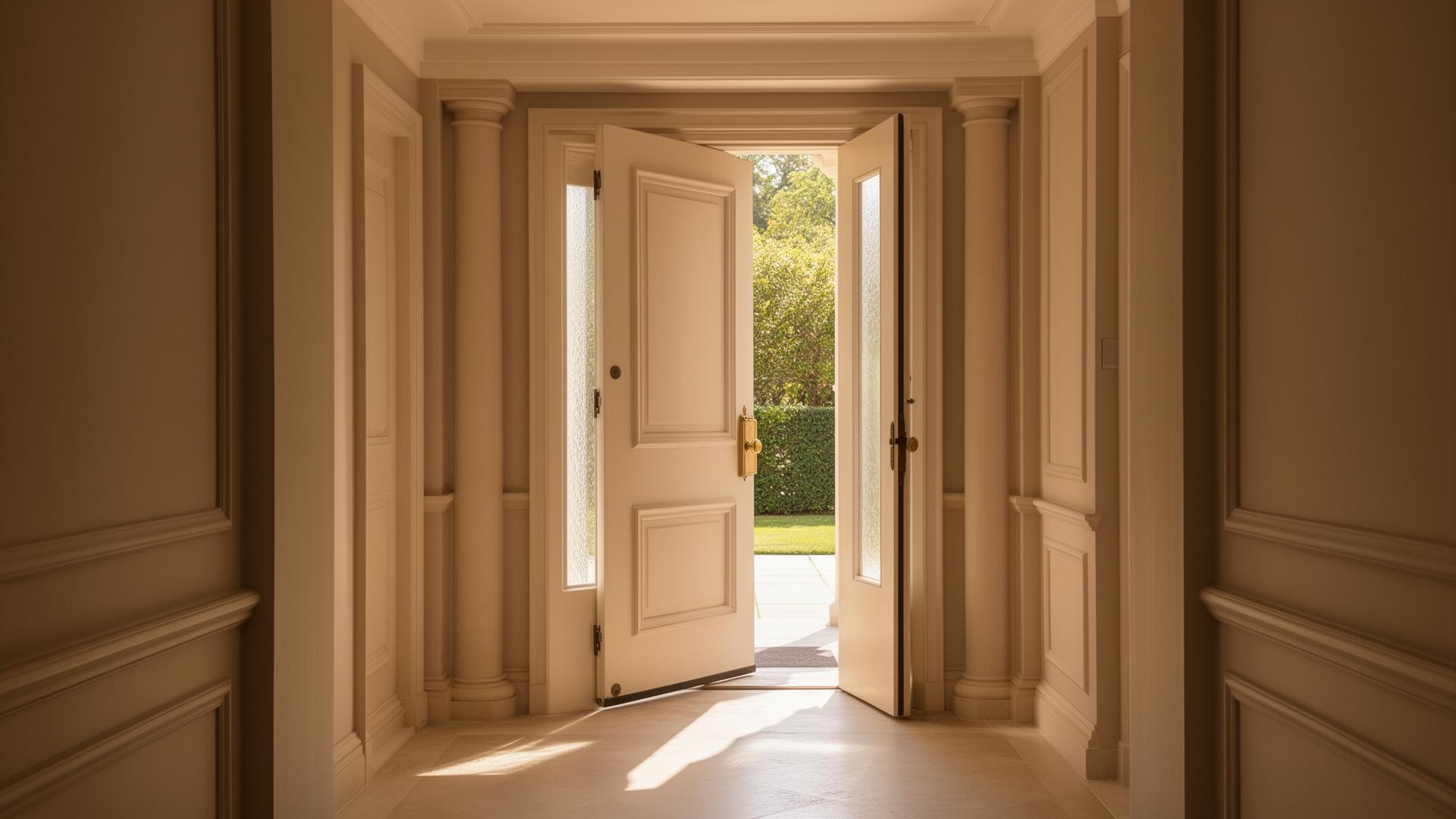 An open front door with warm light streaming through